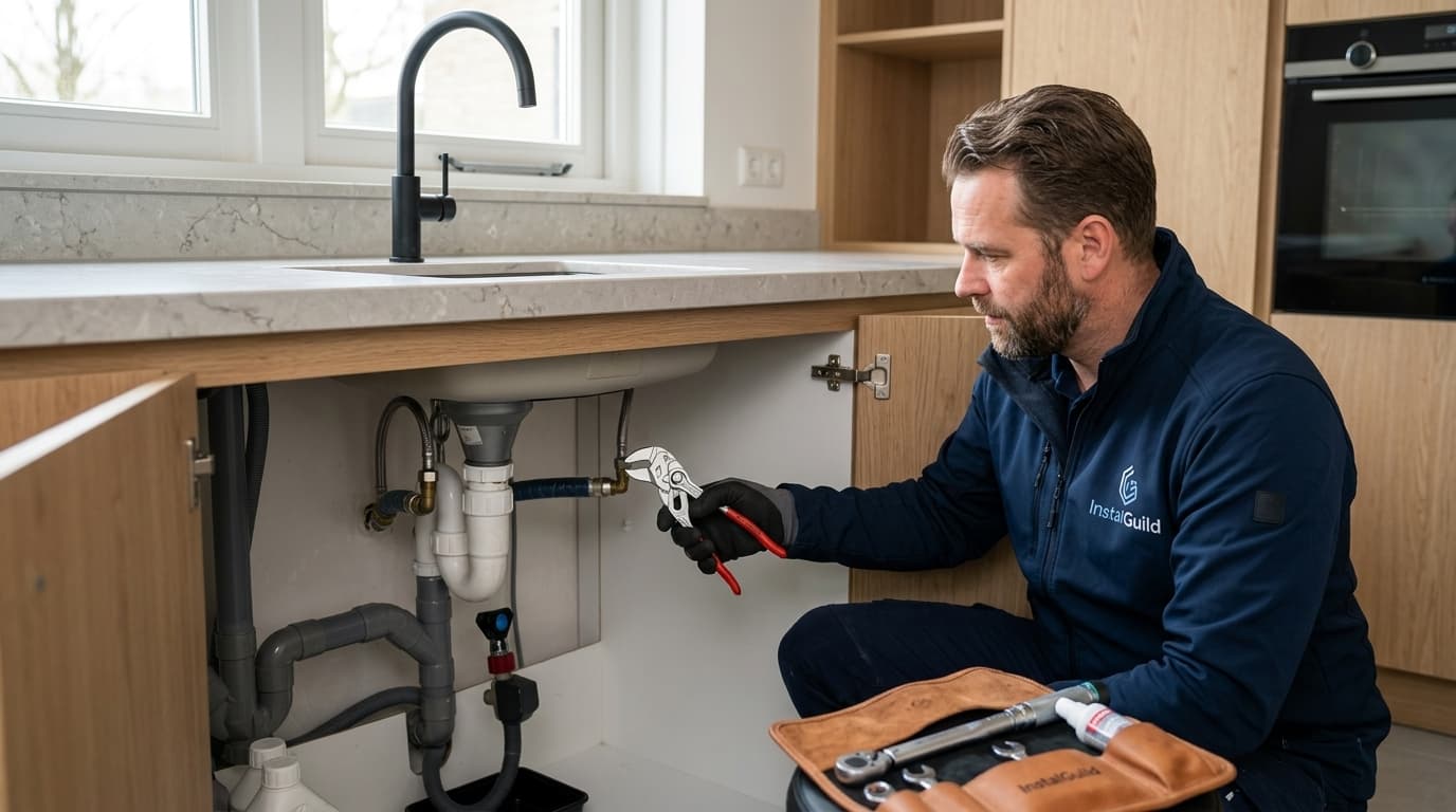 Vakman legt waterleidingen aan onder een keuken